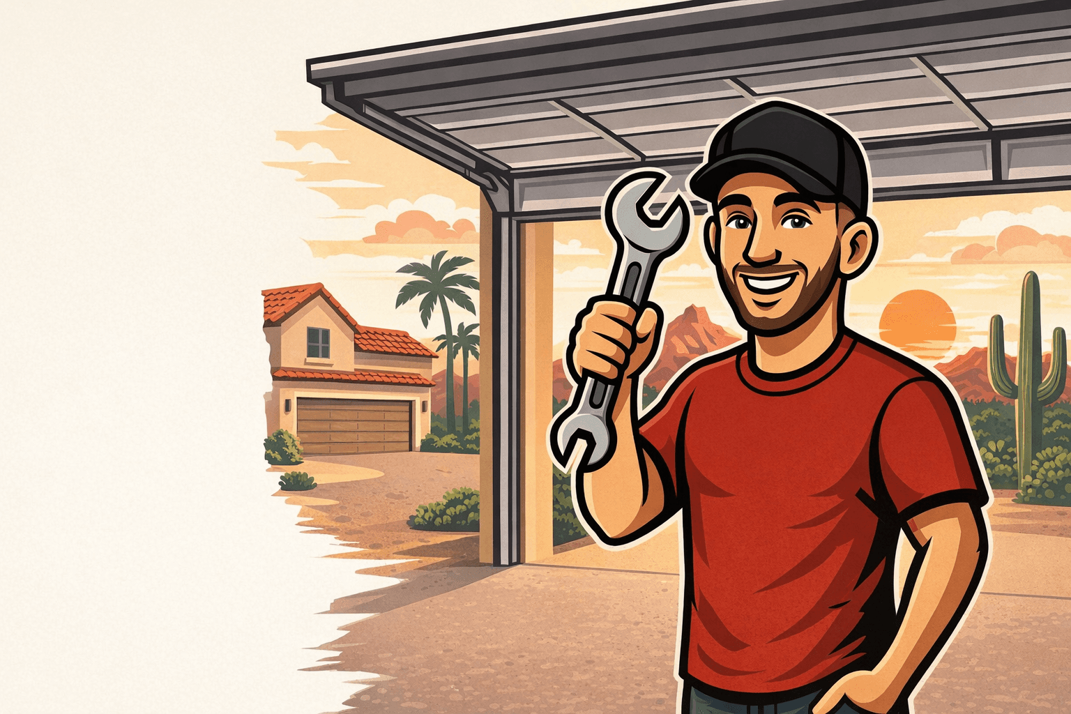 Garage Gurus mascot in front of an open garage door with a Phoenix neighborhood scene