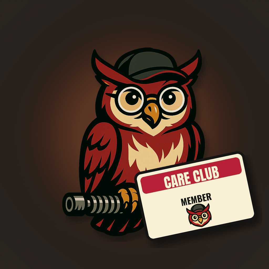 Garage Gurus owl holding a Care Club member card