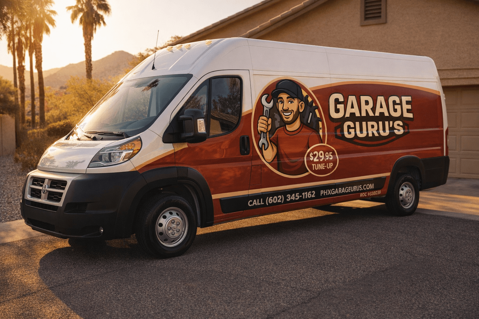 Garage Gurus van pulling into a Phoenix driveway